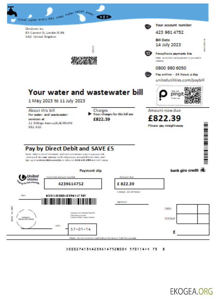 Facture commerciale du service d'eau de United Utilities, SCR